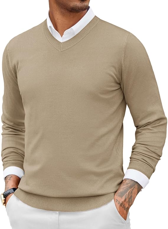 COOFANDY Men Casual V Neck Sweater Ribbed Knit Slim Fit Long Sleeve Pullover Top