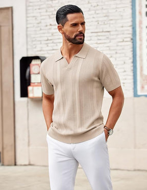 COOFANDY Mens Knit Polo Shirts V Neck Textured Polo Shirts Short Sleeve Breathable Polo Casual Collared T Shirt Fashion Tops
