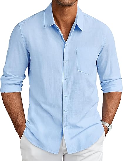 COOFANDY Men's Long Sleeve Button Down Shirts Casual Cotton Linen Shirts Summer Beach Shirt with Pocket