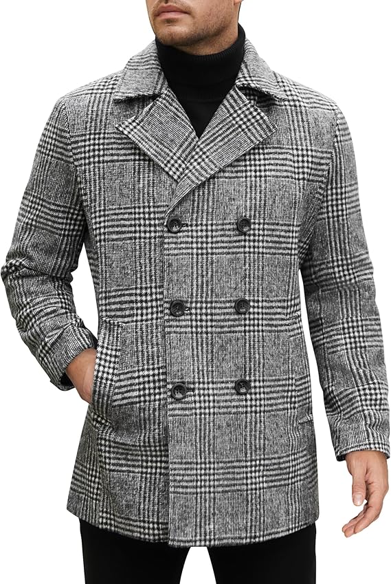 COOFANDY Men's Double Breasted Pea Coat Winter Overcoat Short Trench Coat Notched Collar