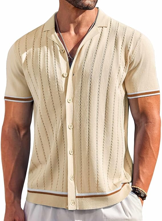 COOFANDY Men's Short Sleeve Knit Casual Button Down Shirt Vintage Striped Knitted Golf Beach Tops