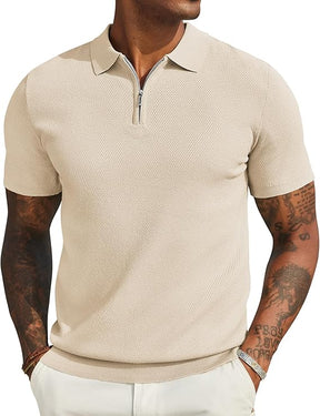 COOFANDY Mens Textured Knit Polo Shirts Zipper Polo Shirts Short Sleeve Casual Lightweight Golf Shirt