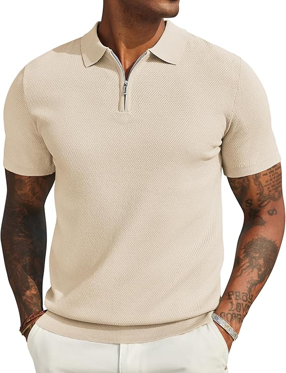COOFANDY Mens Textured Knit Polo Shirts Zipper Polo Shirts Short Sleeve Casual Lightweight Golf Shirt