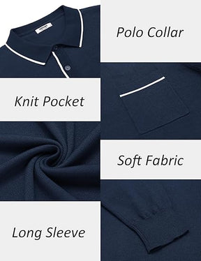 COOFANDY Mens Knit Polo Long Sleeve Collared Sweater Polo Business Casual Polos with Pocket