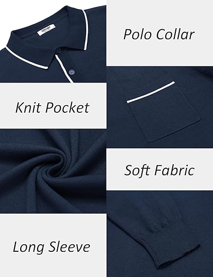 COOFANDY Mens Knit Polo Long Sleeve Collared Sweater Polo Business Casual Polos with Pocket