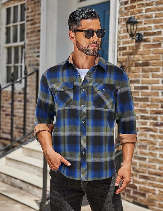 COOFANDY Men's Fall Plaid Button Down Shirt Long Sleeve Casual Cowboy Work Shirts Lightweight Flannel Shirts Two Pocket