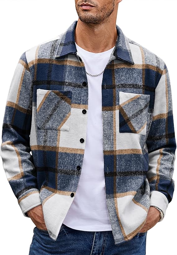 COOFANDY Men's Flannel Shirts Casual Button Down Plaid Shirt Jacket Long Sleeve Fleece Shacket with Pockets