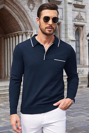 COOFANDY Mens Knit Polo Long Sleeve Collared Sweater Polo Business Casual Polos with Pocket