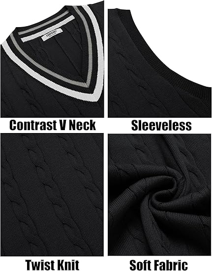 COOFANDY Men's Sweater Vest V Neck Casual Sleeveless Pullover Striped Cable Knit Sweater Vest