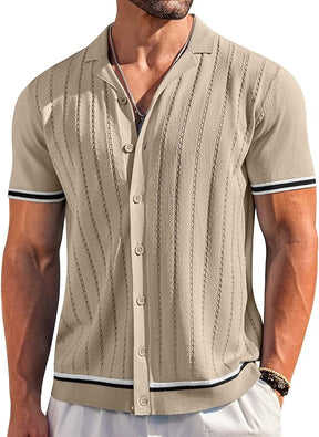 COOFANDY Men's Short Sleeve Knit Casual Button Down Shirt Vintage Striped Knitted Golf Beach Tops