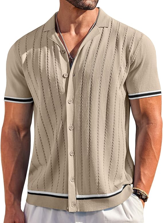 COOFANDY Men's Short Sleeve Knit Casual Button Down Shirt Vintage Striped Knitted Golf Beach Tops