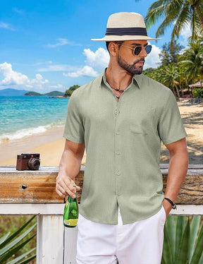 COOFANDY Mens Button Down Shirt Short Sleeve Casual Shirts Summer Beach Wedding Linen Shirt with Pocket