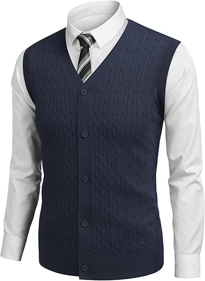 COOFANDY Men's Sleeveless Sweater Vest V-Neck Casual Cable Knit Button Down Cardigan Vest