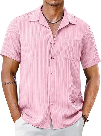 COOFANDY Men's Short Sleeve Casual Button Down Shirts Textured Summer Beach Shirt with Pocket