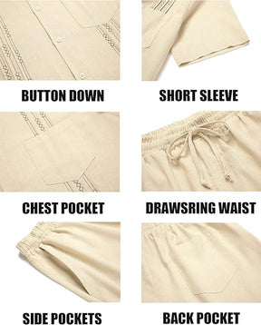 COOFANDY Men Linen Sets Outfits 2 Piece Short Sleeve Cuban Shirts Guayabera Linen Suit