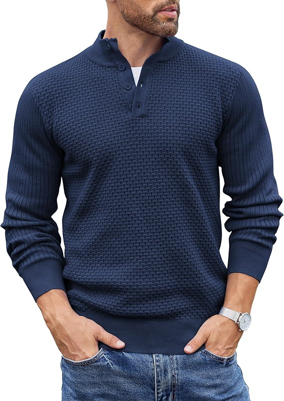 COOFANDY Men's Quarter Button Sweater Lightweight Mock Neck Pullover Sweater Fashion Casual Knitted Waffle Henley Sweater