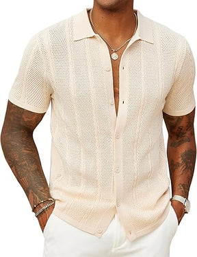COOFANDY Mens Knit Button Down Shirts Casual Textured Polo Shirt Short Sleeve Vintage Summer Beach Tops