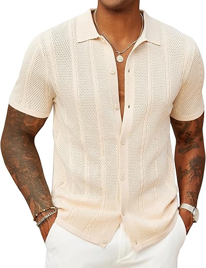 COOFANDY Mens Knit Button Down Shirts Casual Textured Polo Shirt Short Sleeve Vintage Summer Beach Tops