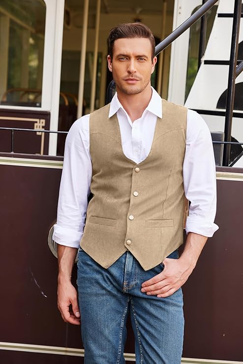 COOFANDY Men's Suede Leather Vest Cowboy Western Waistcoat Casual Slim Fit Suit Vest