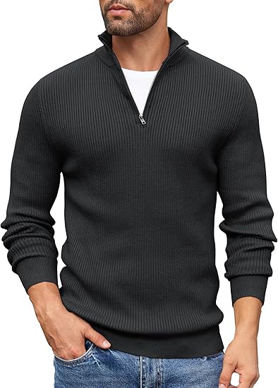 COOFANDY Men's Quarter Zip Sweaters Slim Fit Mock Neck Pullover Sweater Lightweight Knitted Polo Sweaters