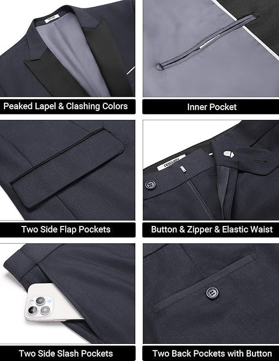 COOFANDY Men's 2 Piece Suit Slim Fit One Button Tuxedo Jacket Pants for Wedding Prom Business