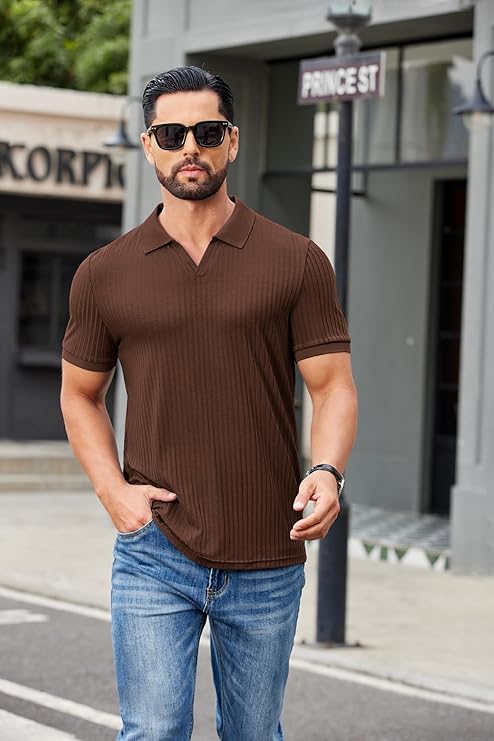 COOFANDY Men's Ribbed Polo Shirts Short Sleeve V Neck Slim Fit Polo T-Shirt Casual Summer Collared Golf Shirt