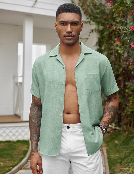 COOFANDY Men's Saint Patrick's Day Lucky Green Cuban Linen Shirt