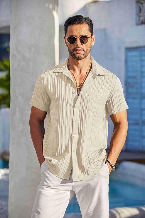 COOFANDY Men's Casual Button Down Shirts Short Sleeve Textured Summer Beach Shirt with Pocket