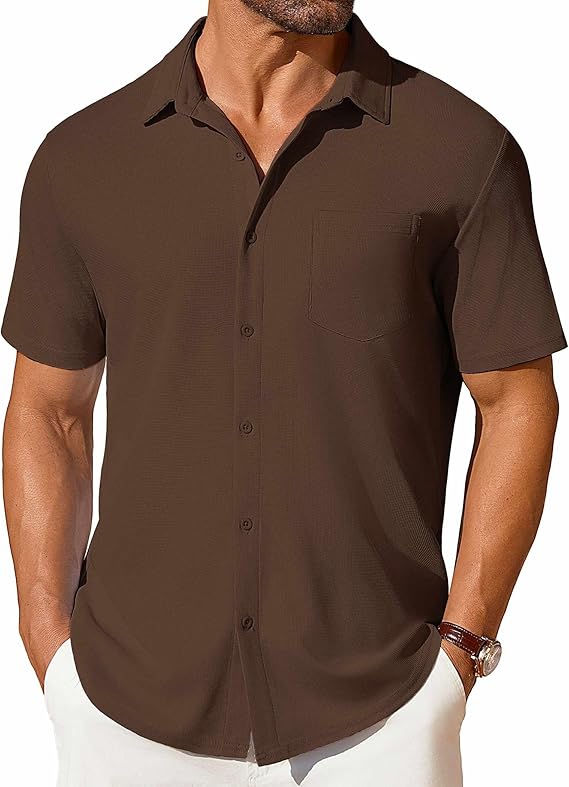COOFANDY Men's Short Sleeve Button Down Shirt Casual Summer Beach Shirt Waffle Knit Shirts Wrinkle Free Untucked Shirt
