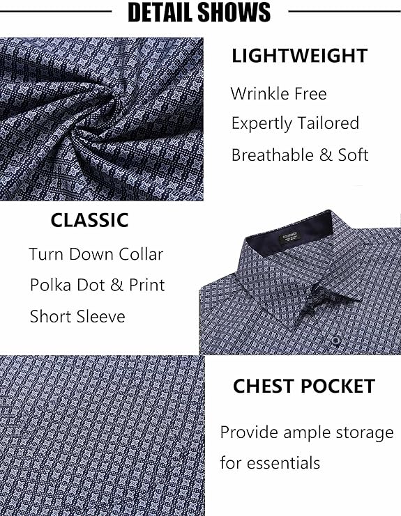 COOFANDY Short Sleeve Button Down Shirts Dress Shirts Casual Polka Dot Print