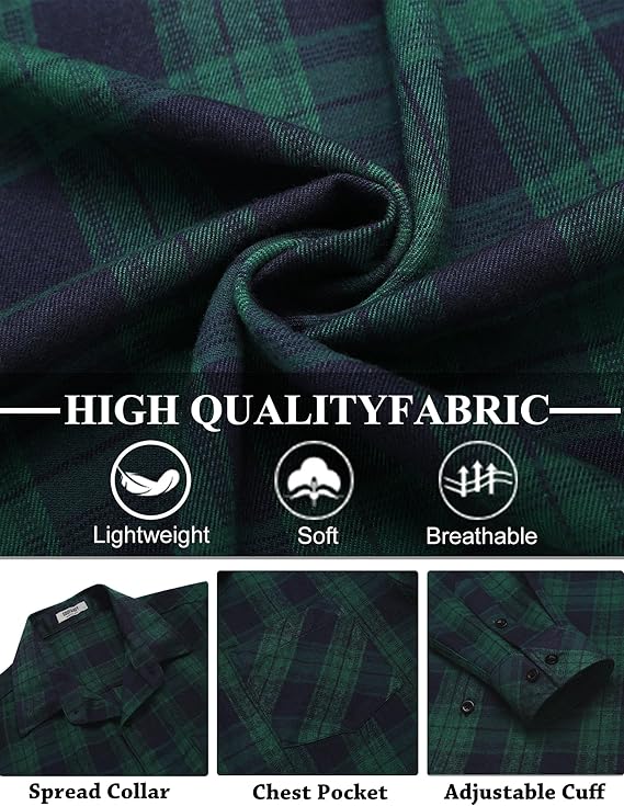 COOFANDY Men's Flannel Shirts Long Sleeve Button Down Plaid Shirt Lightweight Shirt