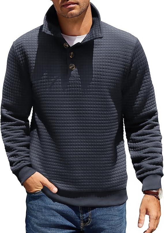 COOFANDY Mens 1/4 Quilted Pullover Half Casual Stand Collar Long Sleeve Sweatshirt Big and Tall Mock Neck Sweater