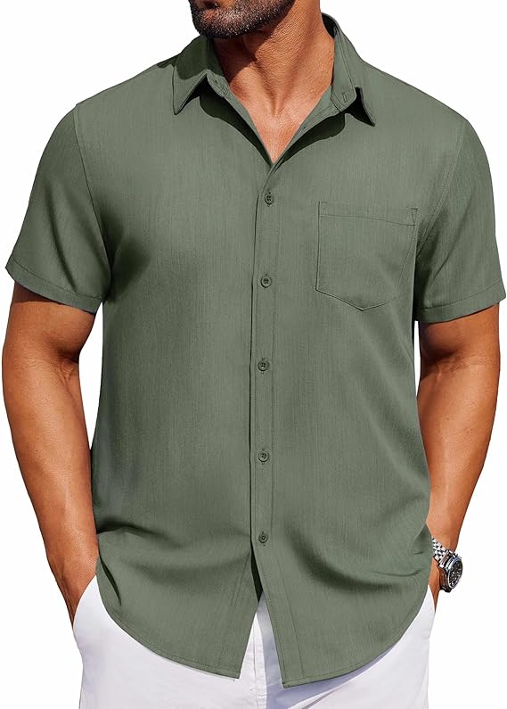 COOFANDY Men's Short Sleeve Button Down Shirt Casual Untucked Dress Shirt Stretch Denim Shirt