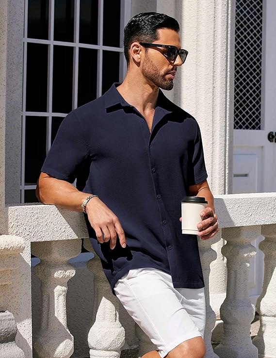 COOFANDY Mens Short Sleeve Button Down Shirts Waffle Shirt Casual Beach Summer Shirts Wrinkle Free Vacation Shirts