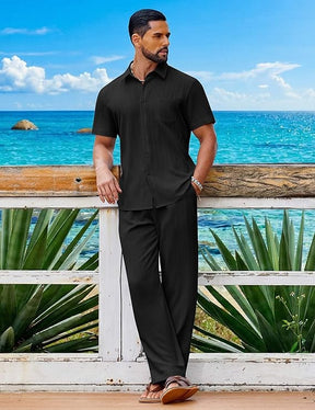 COOFANDY Mens 2 Piece Sets Summer Outfits Short Sleeve Button Down Shirt Loose Pant Sets Beach Vacation Outfits