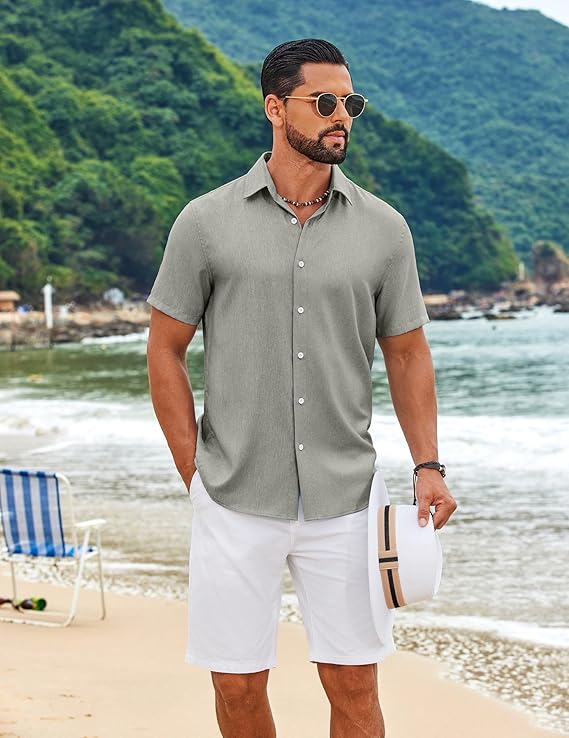 COOFANDY Mens Button Down Shirt Short Sleeve Casual Linen Shirts Summer Beach Wedding Shirts