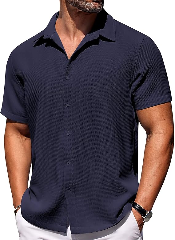 COOFANDY Mens Short Sleeve Button Down Shirts Waffle Shirt Casual Beach Summer Shirts Wrinkle Free Vacation Shirts