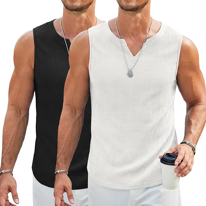 COOFANDY Men's Casual Tank Tops Knit V Neck Sleeveless T Shirts 2 Pack Summer Beach Lightweight Muscle Tee