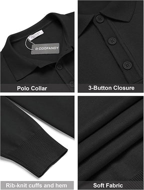 COOFANDY Mens Knit Polo Shirts Casual Long Sleeve Classic Polo Shirts Button Down Golf Shirts