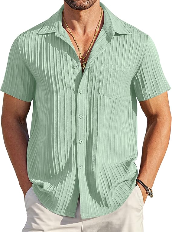 COOFANDY Men's Saint Patrick's Day Green Short Sleeve Textured Casual Button Down Shirt with Pocket Summer Beach Wear