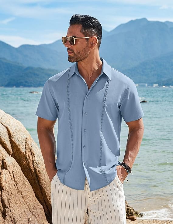 COOFANDY Mens Cuban Guayabera Short Sleeve Shirt Casual Summer Beach Tops Button Down Untucked Shirts