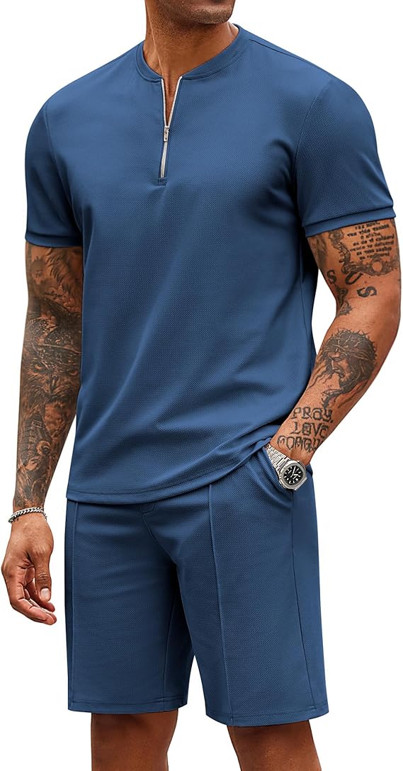 COOFANDY Men's 2 Pieces Outfits Casual Quarter Zip Polo T Shirt and Shorts Set Athletic Jogging Summer Tracksuit