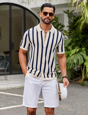 COOFANDY Men's Knit Shirts Short Sleeve Button Down Polo Shirt Striped Casual Summer Beach Shirts