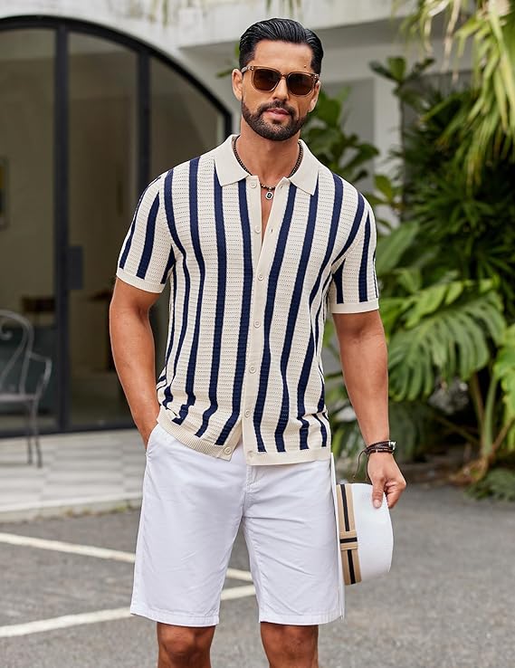 COOFANDY Men's Knit Shirts Short Sleeve Button Down Polo Shirt Striped Casual Summer Beach Shirts