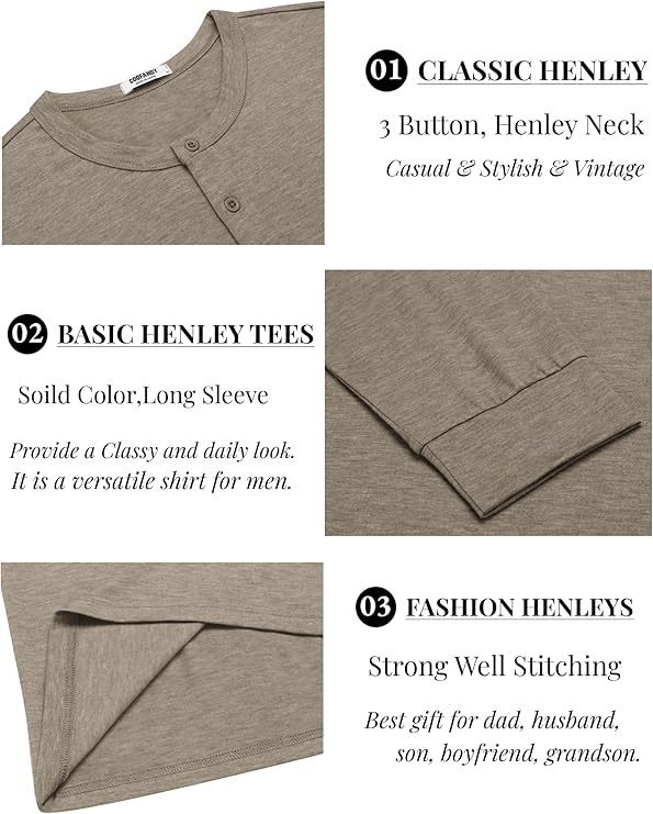 COOFANDY Henley T-Shirt Long Sleeve Pullover Shirts Basic Tees