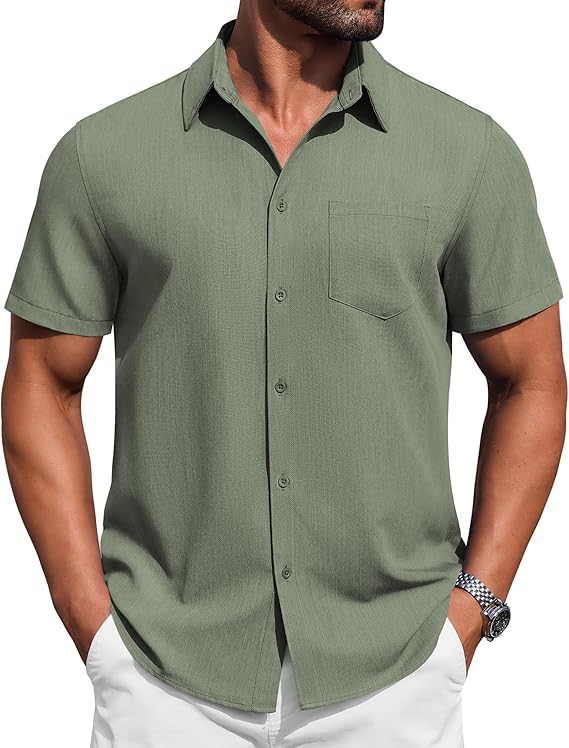 COOFANDY Mens Button Down Short Sleeve Shirt Casual Summer Stretch Denim Dress Shirts with Pocket