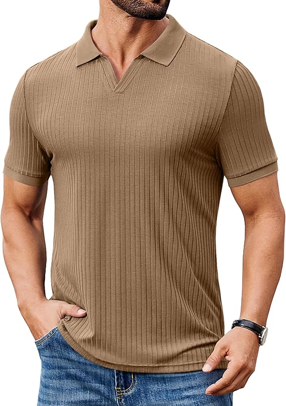 COOFANDY Men's Ribbed Polo Shirts Short Sleeve V Neck Slim Fit Polo T-Shirt Casual Summer Collared Golf Shirt