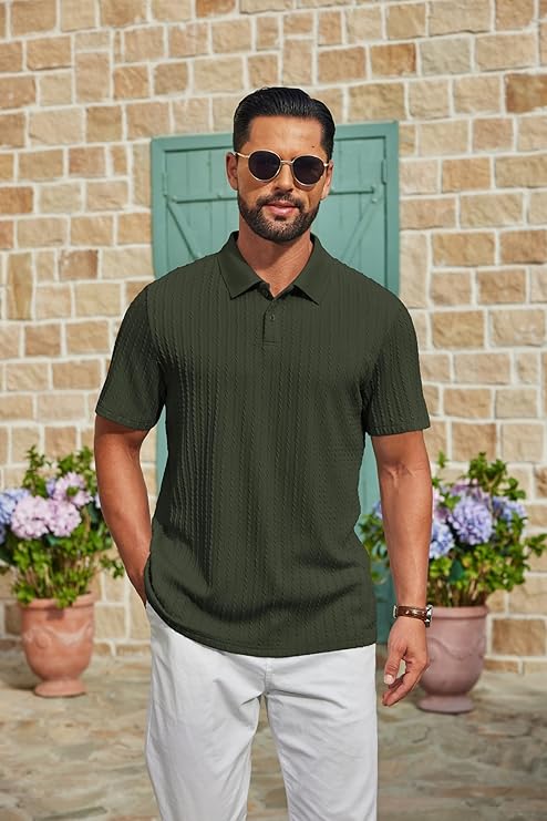 COOFANDY Mens Polo Shirt Textured Knit Button Casual Short Sleeve Summer Vacation Beach Stretchy Golf Shirts