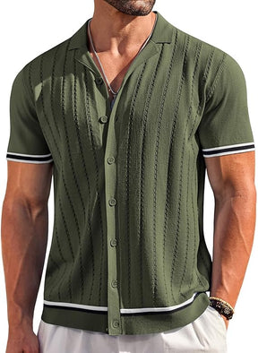 COOFANDY Men's Short Sleeve Knit Casual Button Down Shirt Vintage Striped Knitted Golf Beach Tops