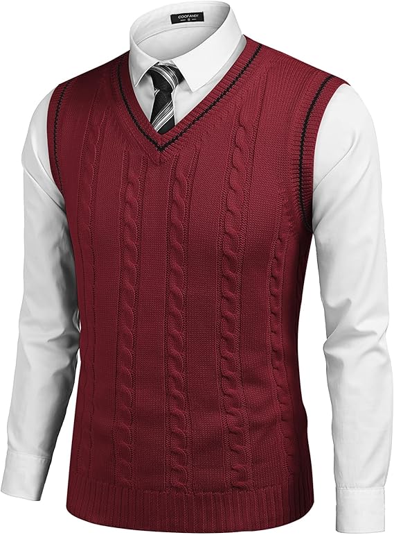 COOFANDY Men's  Vest V Neck Slim Fit Casual Sleeveless Twisted Knitted Pullover Sweater